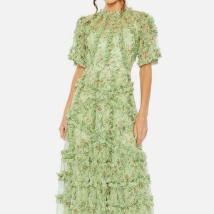 NWT Mac Duggal Floral Flutter Sleeve Mesh Print Dress in Green Sz. 4